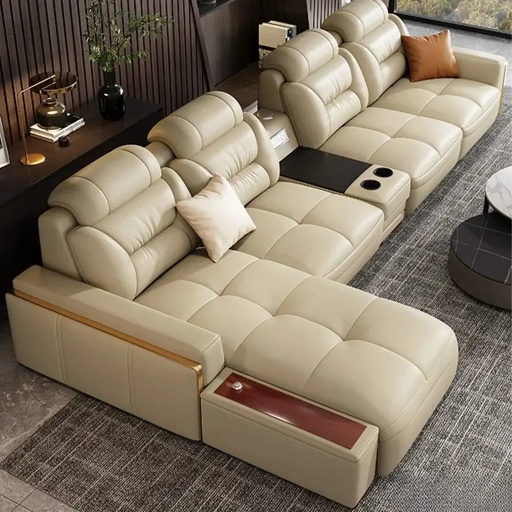 Premium Italian genuine leather sectional sofa with USB and Bluetooth in a modern living room setting.