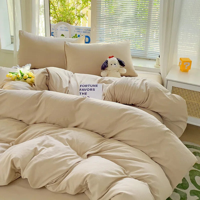 Solid Bed Linen Cotton Bedding Set 4pcs with Sheet Duvet Cover, Pillowcases.