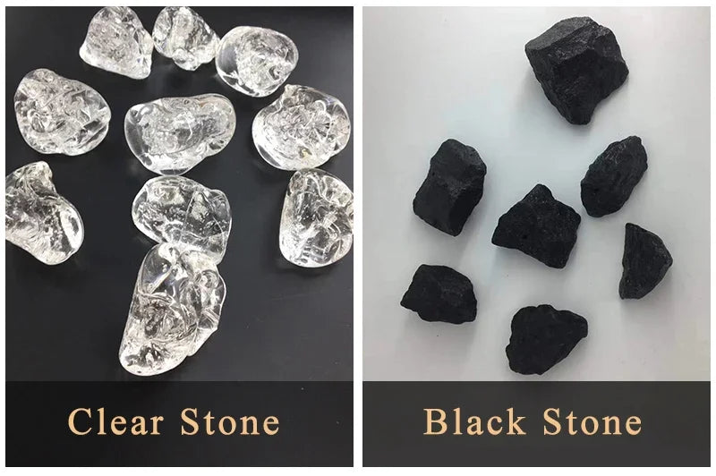 Two sets of stones labeled 'Clear Stone' and 'Black Stone' on a black and white background.
