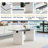 Glass dining table with features highlighted and a room setting.