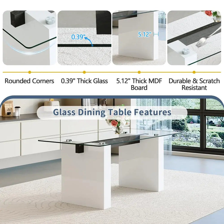Glass dining table with features highlighted and a room setting.