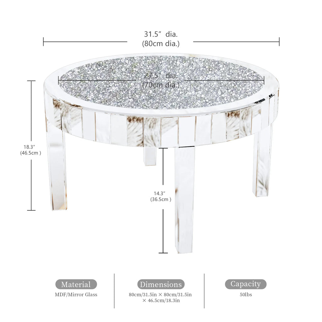 Mirrored Coffee Table with Crystal Inlay, 31.5'' Mirror Surface, Silver Accent