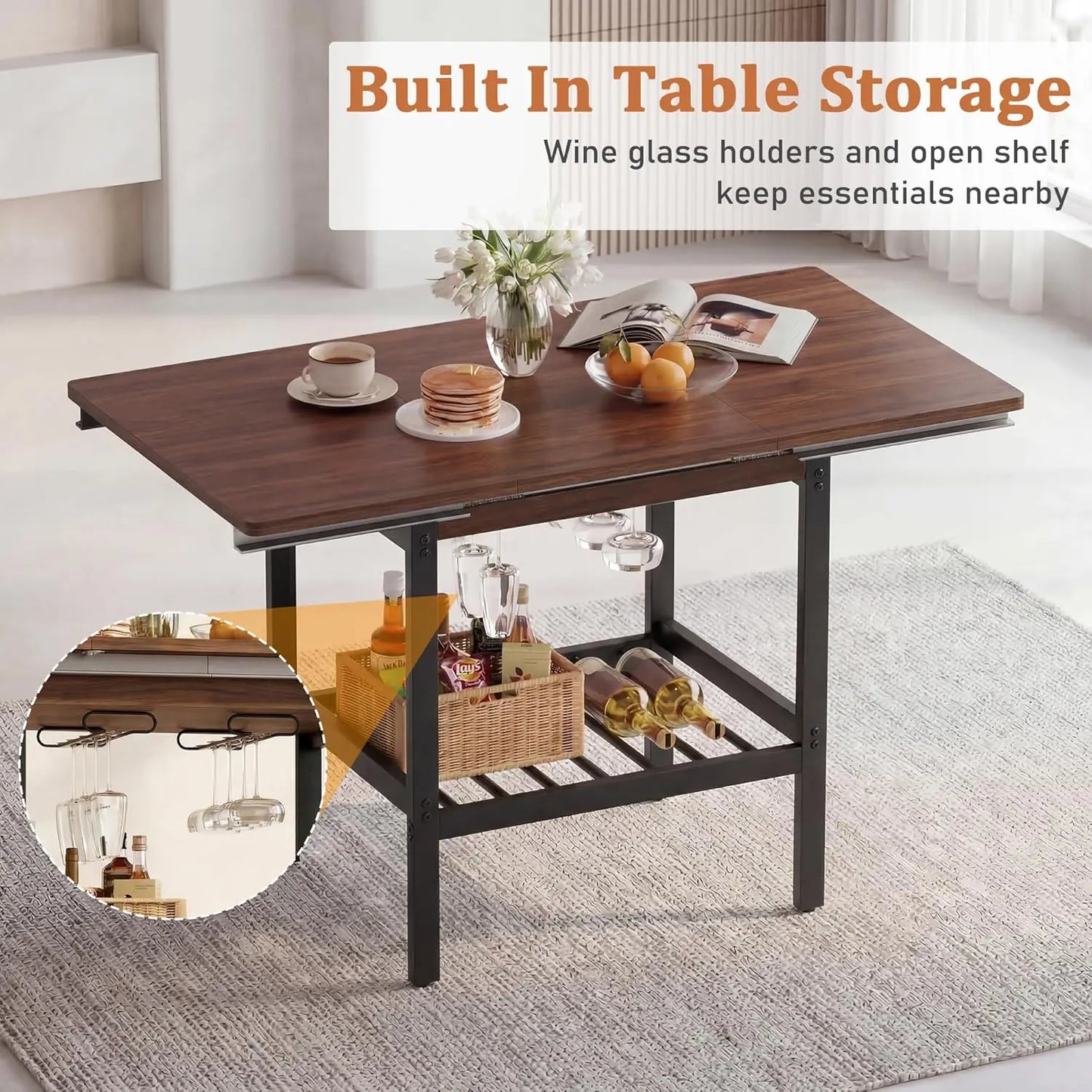 Wooden table with storage shelves in a living room setting