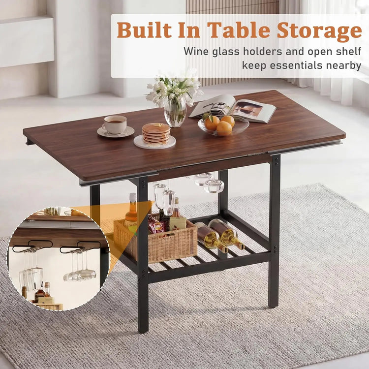 Wooden table with storage shelves in a living room setting