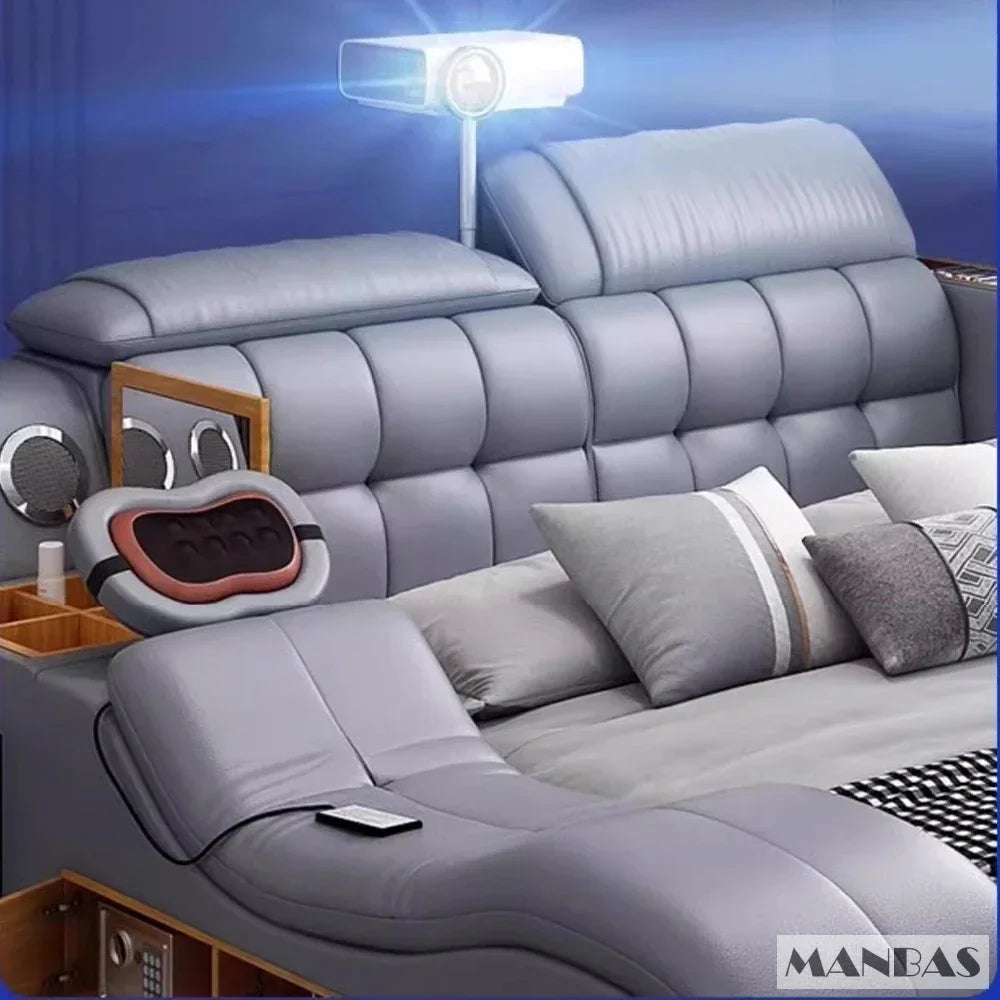 Gray leather sofa with massage pillow and remote control in a living room setting.