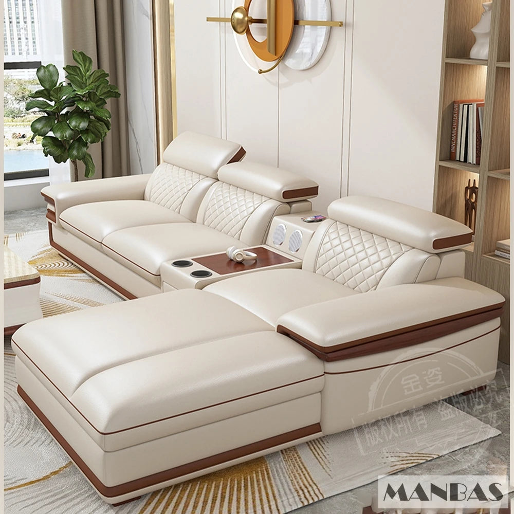 Premium Italian Genuine Leather Sofa Set, Adjustable Headrests, Bluetooth Speaker, Wireless Charger