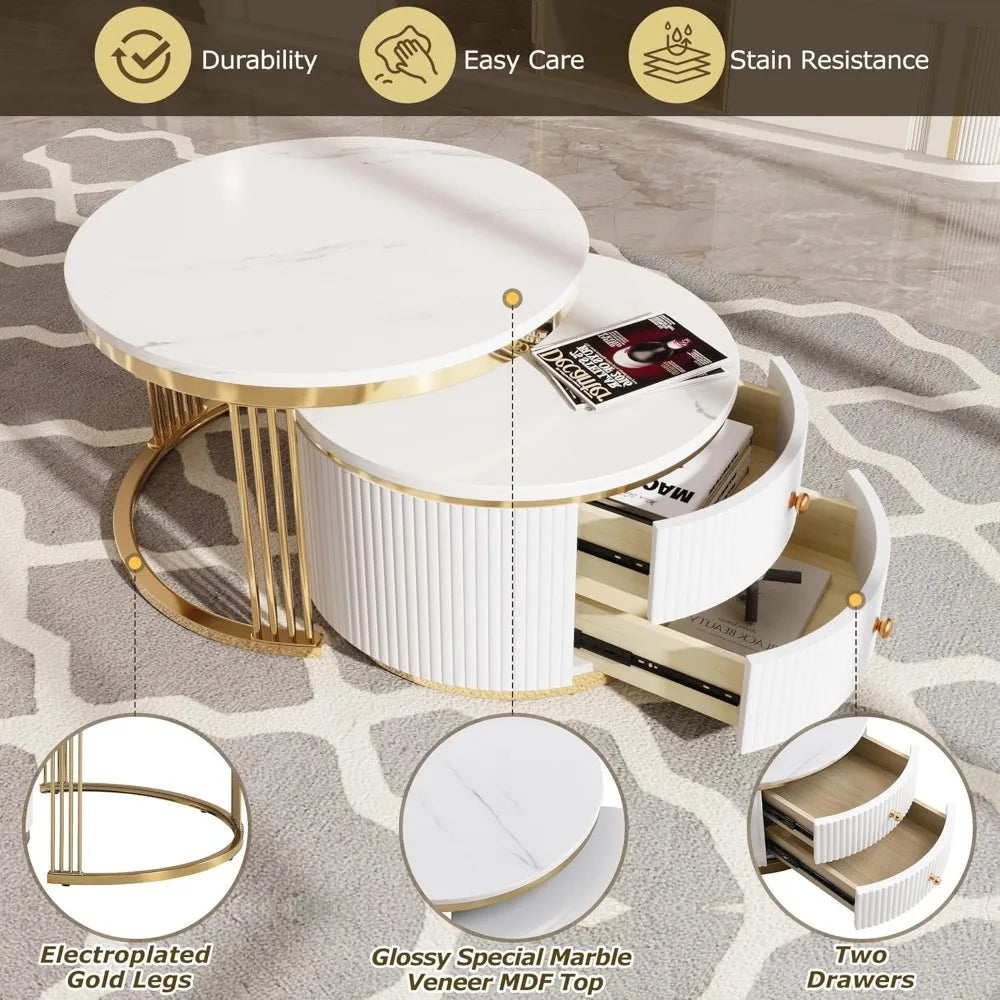 Modern 27.6" Two-Tier Round Nesting Coffee Tables with Drawers in Gold and White