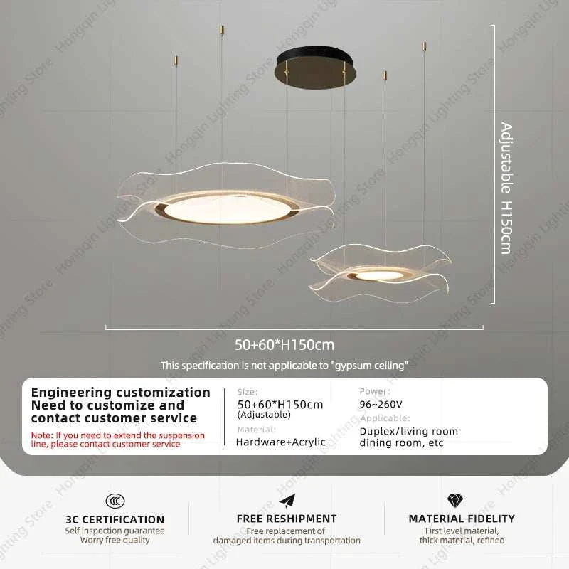 Round modern LED ceiling chandelier with adjustable suspension, sleek Nordic design, acrylic and hardware materials, ideal for living or dining rooms.