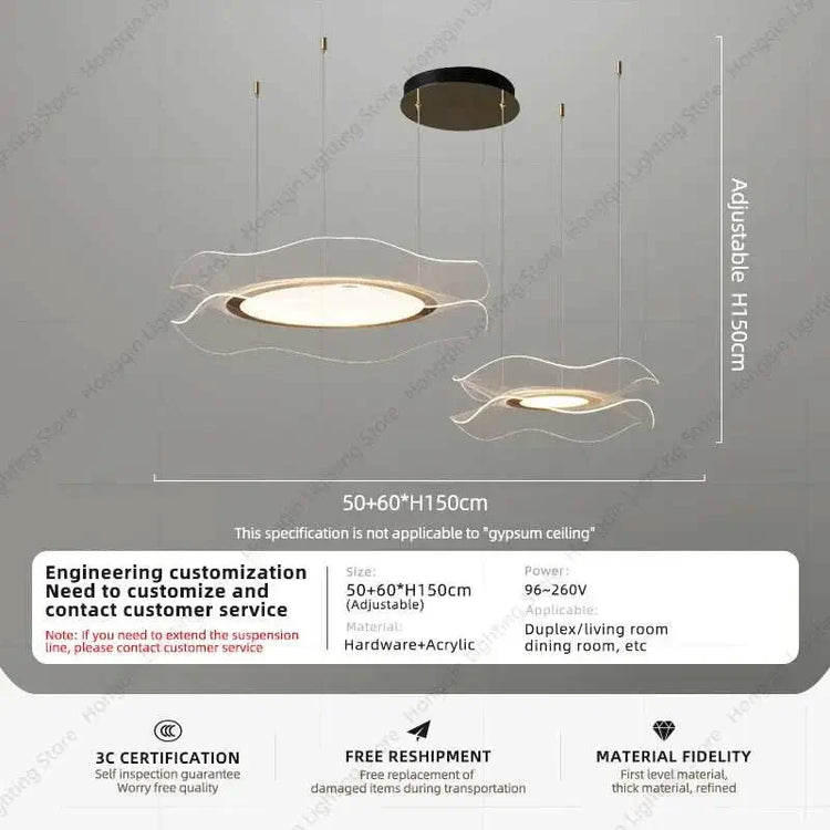 Round modern LED ceiling chandelier with adjustable suspension, sleek Nordic design, acrylic and hardware materials, ideal for living or dining rooms.