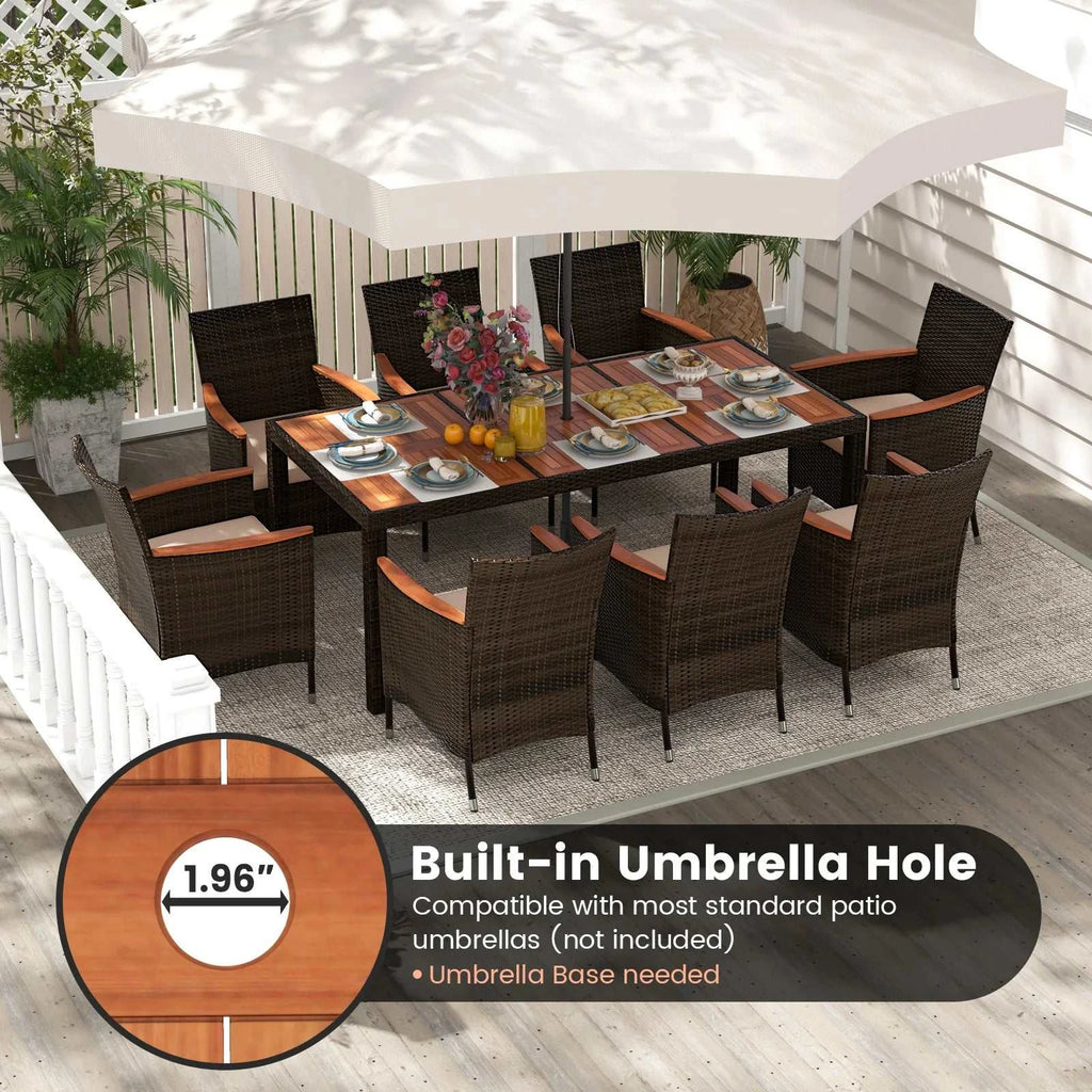 9pc Acadia in a Patio Setting Outdoor Table With Cushions and Umbrella Hole 