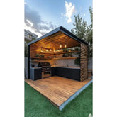 Stainless steel outdoor kitchen cabinet with grill and mini fridge in modern garden patio design.