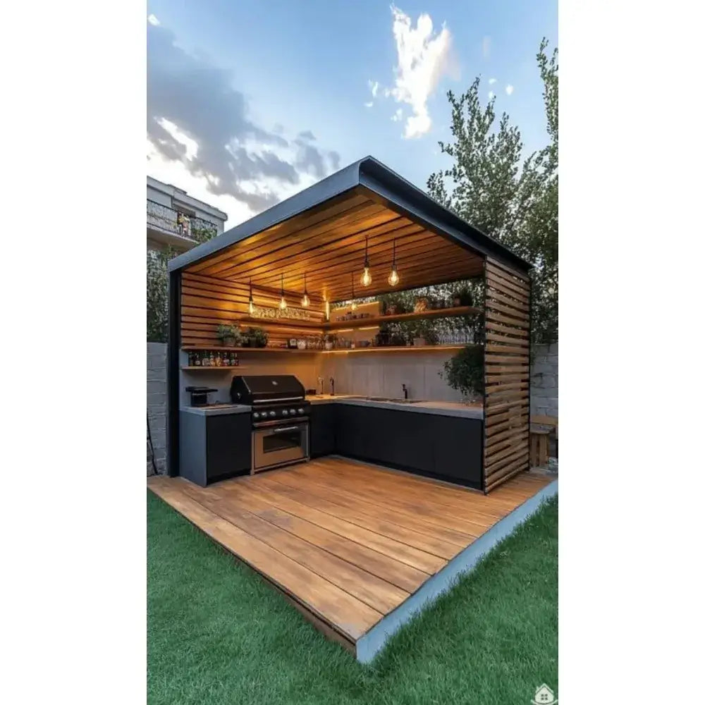 Stainless steel outdoor kitchen cabinet with grill and mini fridge in modern garden patio design.