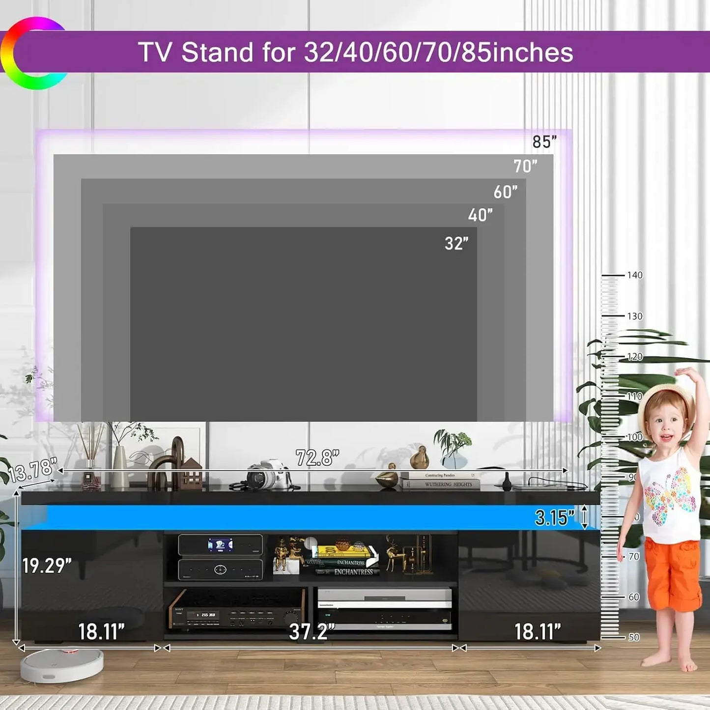 LED TV stand for 85 inch TV dimensions with sizes for 32, 40, 60, 70 inch TVs in a living room setting.