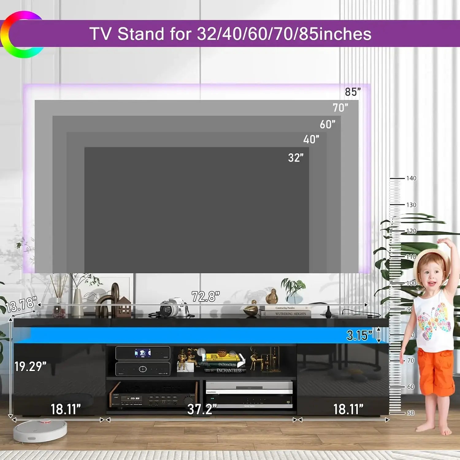 LED TV stand for 85 inch TV dimensions with sizes for 32, 40, 60, 70 inch TVs in a living room setting.