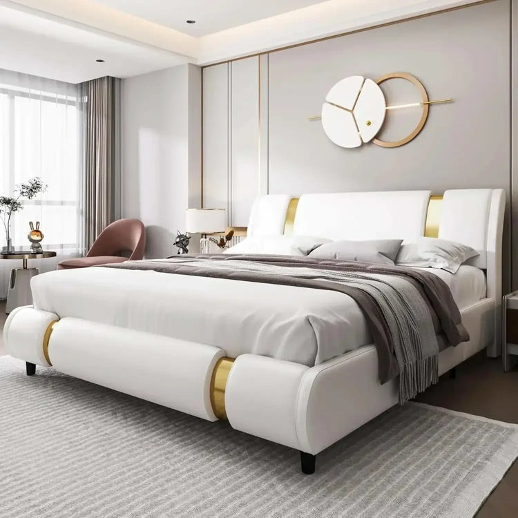Modern white faux leather upholstered platform bed frame with curved headboard and iron metal accents in a contemporary bedroom