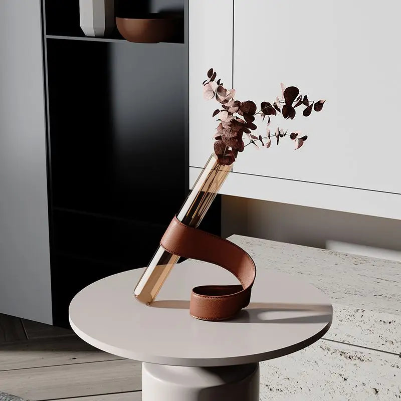 Tubular Glass Vase with Leather Bracket | Nordic Luxury Tabletop Accent