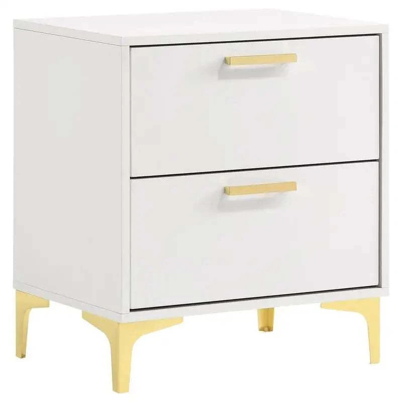 White nightstand with gold legs and handles on a white background
