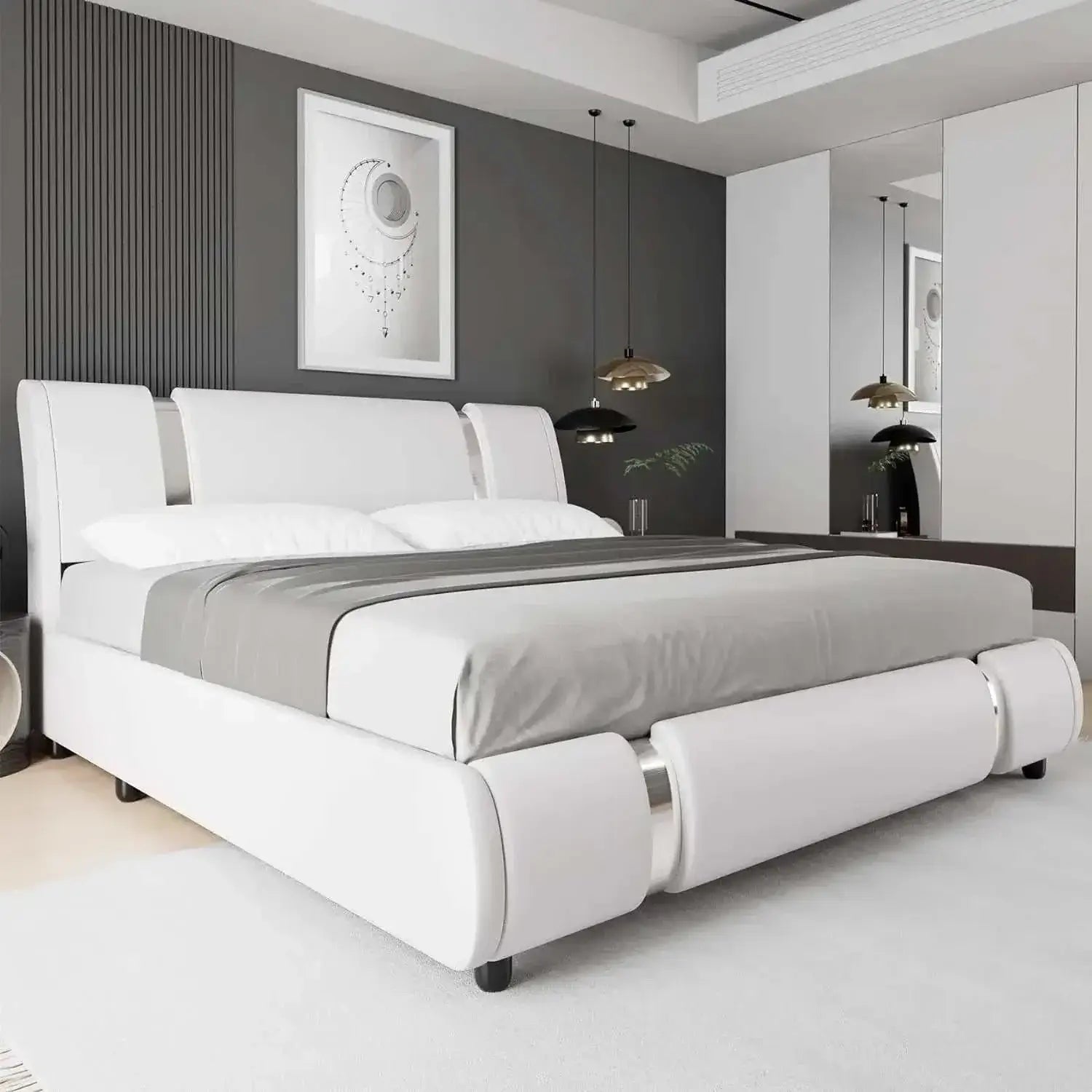 Modern faux leather upholstered bed with adjustable curved headboard and metal decor in a contemporary bedroom setting