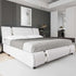 Modern faux leather upholstered bed with adjustable curved headboard and metal decor in a contemporary bedroom setting