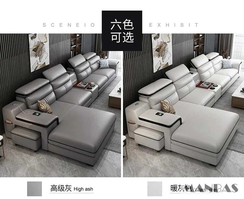 Two views of a gray sectional sofa with a coffee table in a living room setting.