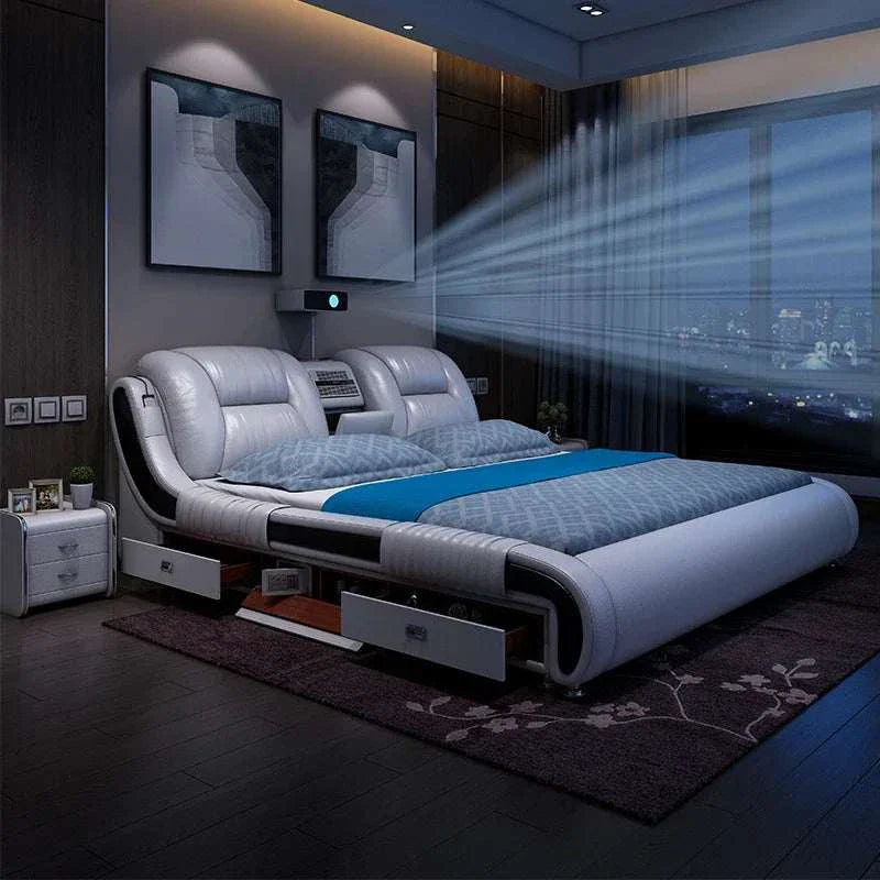 Genuine leather bed with built-in massage, Bluetooth, air cleaner, projector, and storage drawers in modern bedroom setting