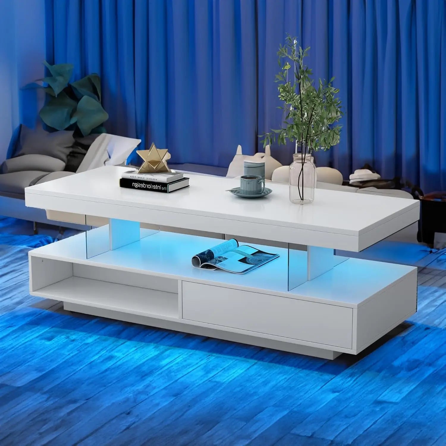 LED Coffee Table for Living Room, Modern High Glossy Smart Center Table with Storage, 2 Tiers Rectangle Coffee Table