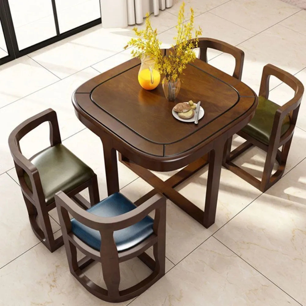 Solid rubberwood dining set with induction cooker featuring square table and four stylish chairs.