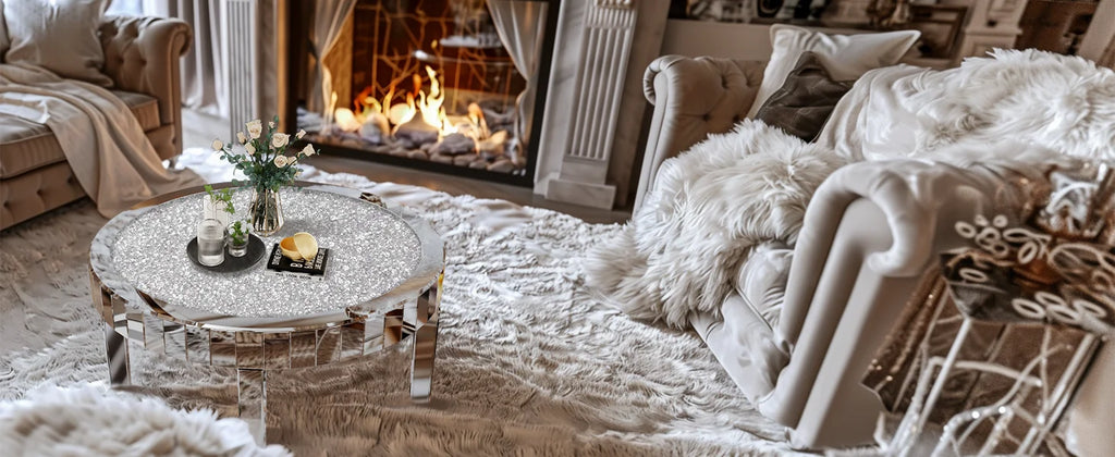 Mirrored Coffee Table with Crystal Inlay, 31.5'' Mirror Surface, Silver Accent