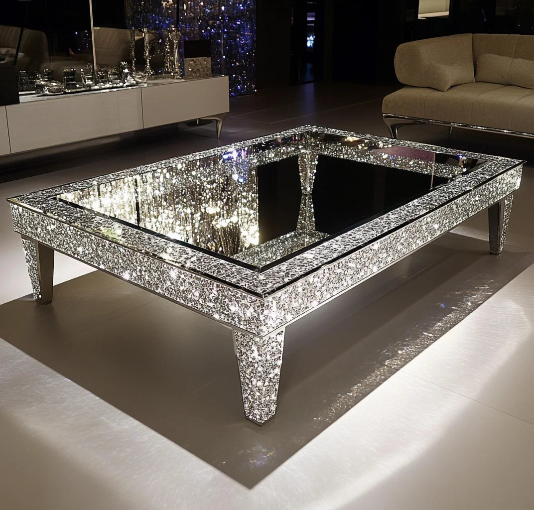 A rectangular mirrored coffee table with a sparkling silver rhinestone-embellished frame and legs, set in a modern living room environment.