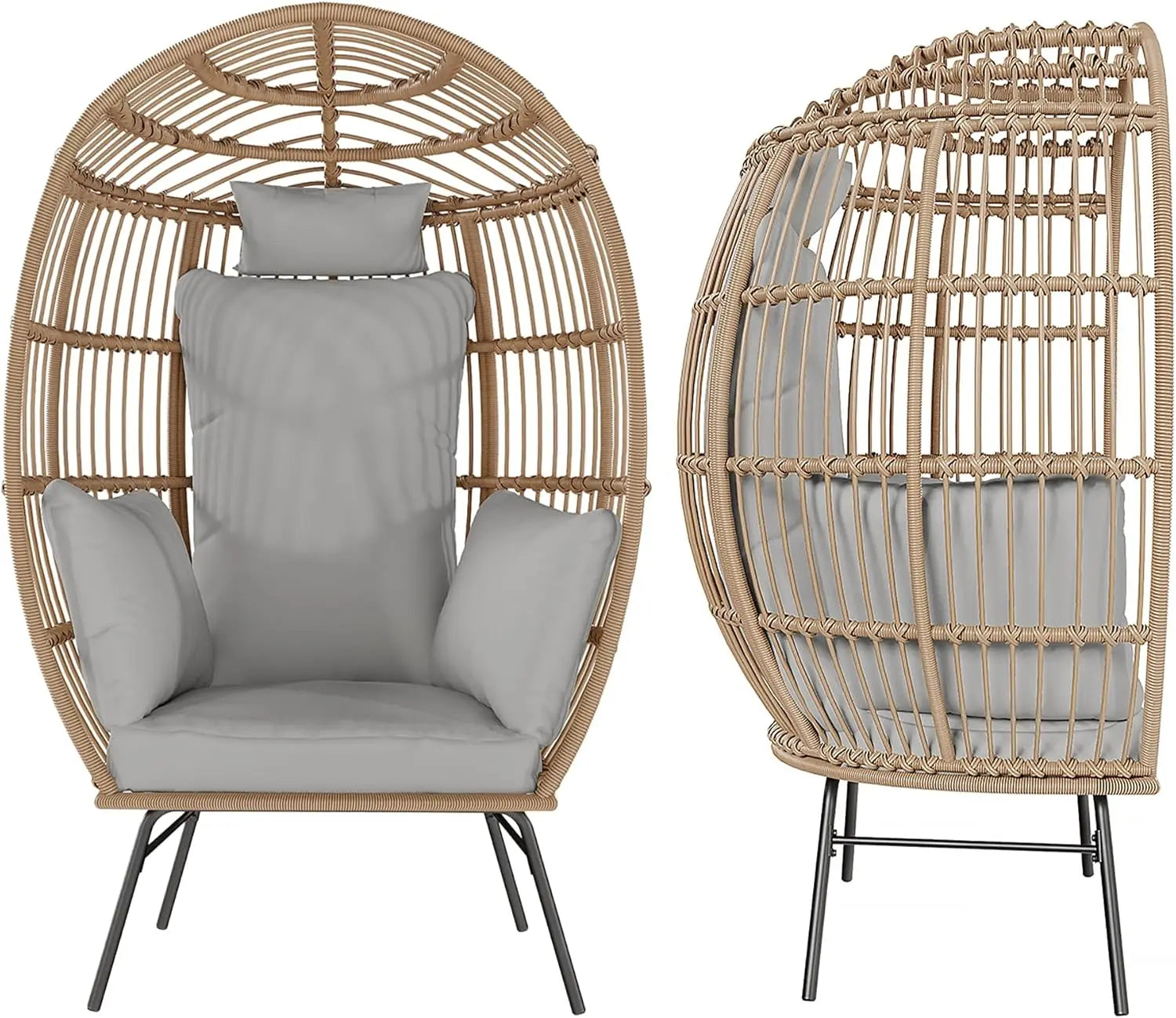 Wicker egg-shaped chair with gray cushions on a white background