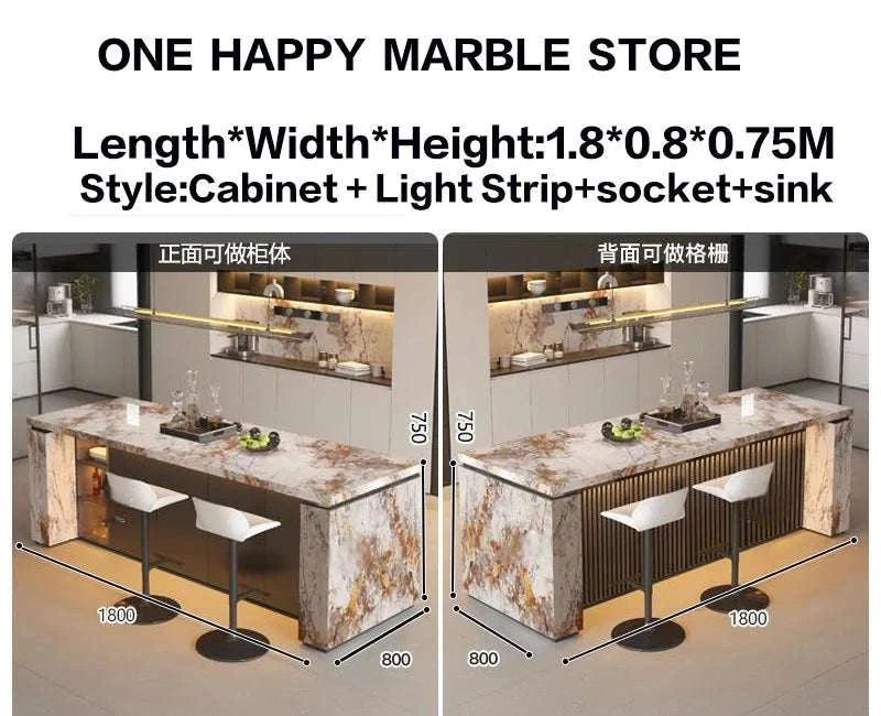 Marble countertop with cabinet, light strip, socket, and sink dimensions displayed.