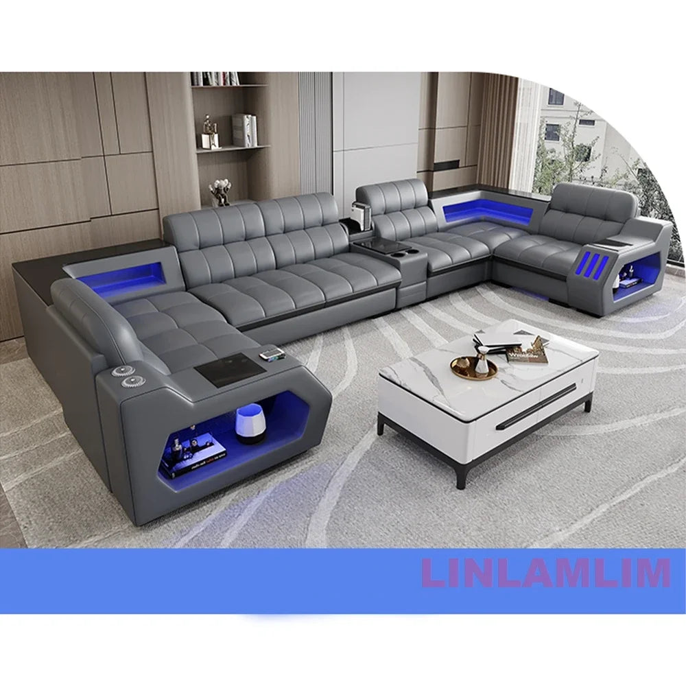 Modern Sectional Sofa Bed with LED Light, Electric Recliner and Massage