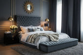 Contemporary New Design Bedroom Furniture Upholstered Bed Wide Tufted Headboard Velvet King Size Fabric Pine Modern Wood in a stylish bedroom.