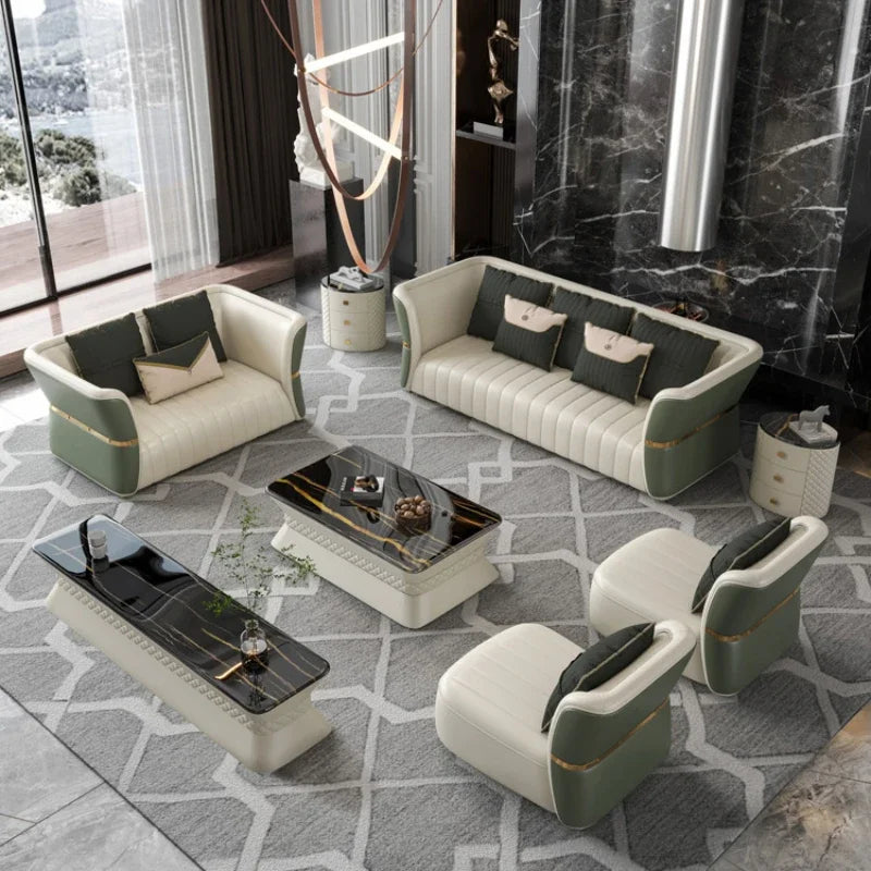 Luxury cowhide leather sofa set in modern living room with stylish furniture and elegant decor.
