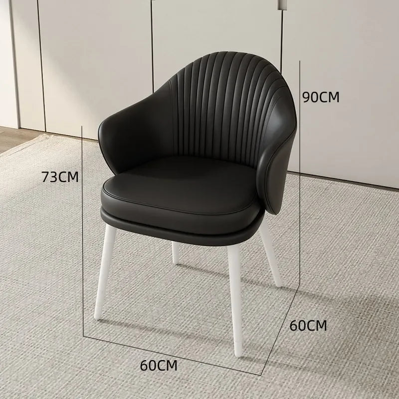 Black chair with white legs on a gray floor, dimensions displayed.