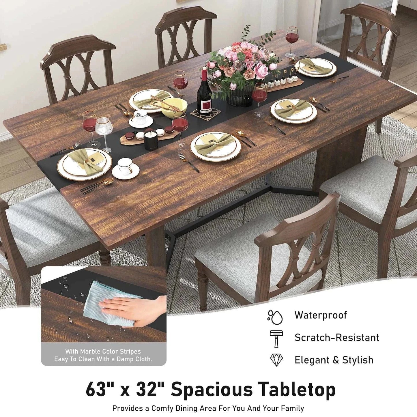 71-inch large rectangular white dining table with marble color stripes and spacious 63x32 inch tabletop
