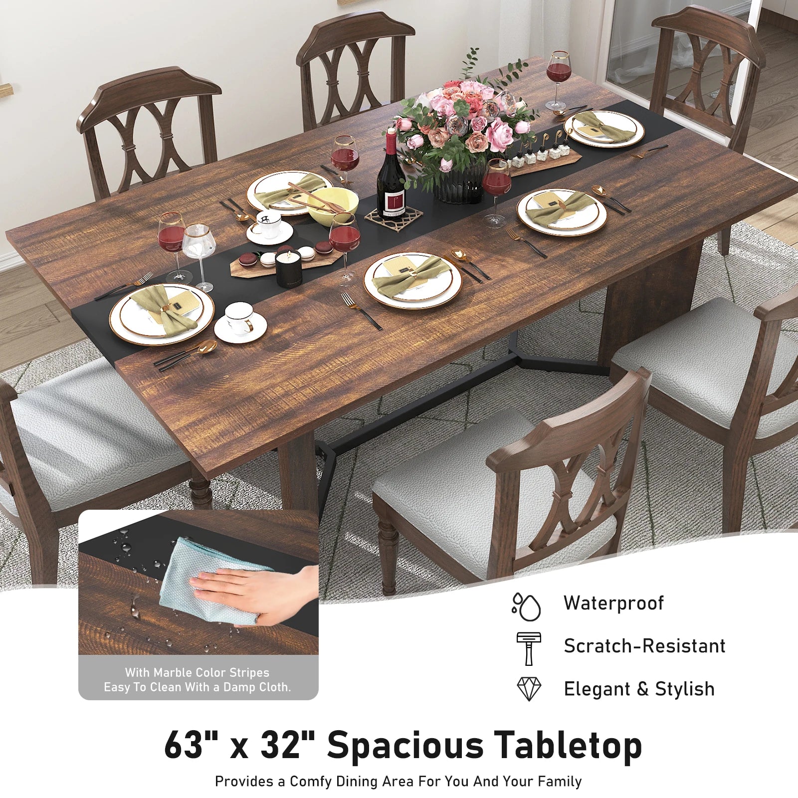 71In Large Rectangular White Dining Table for 4 5 6 8 10 People, Family Dinner Table w/Marble Color