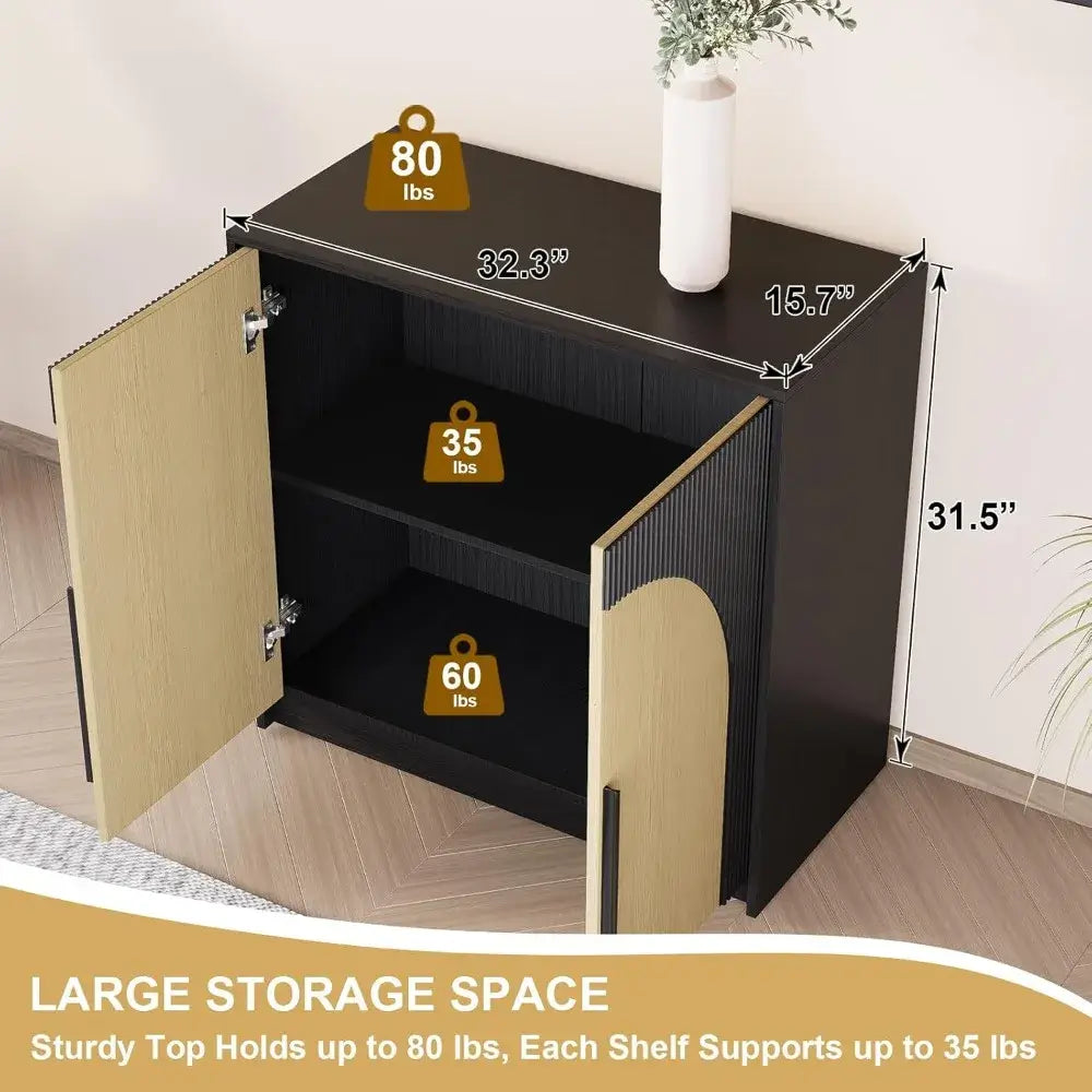 Black and wood storage cabinet with dimensions and weight capacity displayed, on a wooden floor.