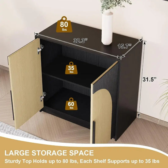 Black and wood storage cabinet with dimensions and weight capacity displayed, on a wooden floor.