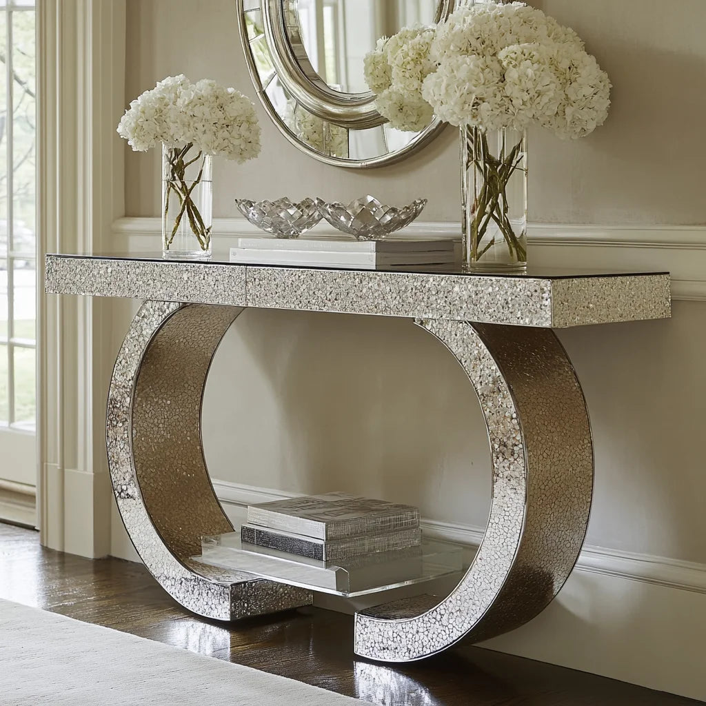 Crushed Diamond Mirror Console Table | Sculptural Arch Base | Glam Entryway Furniture - view 18
