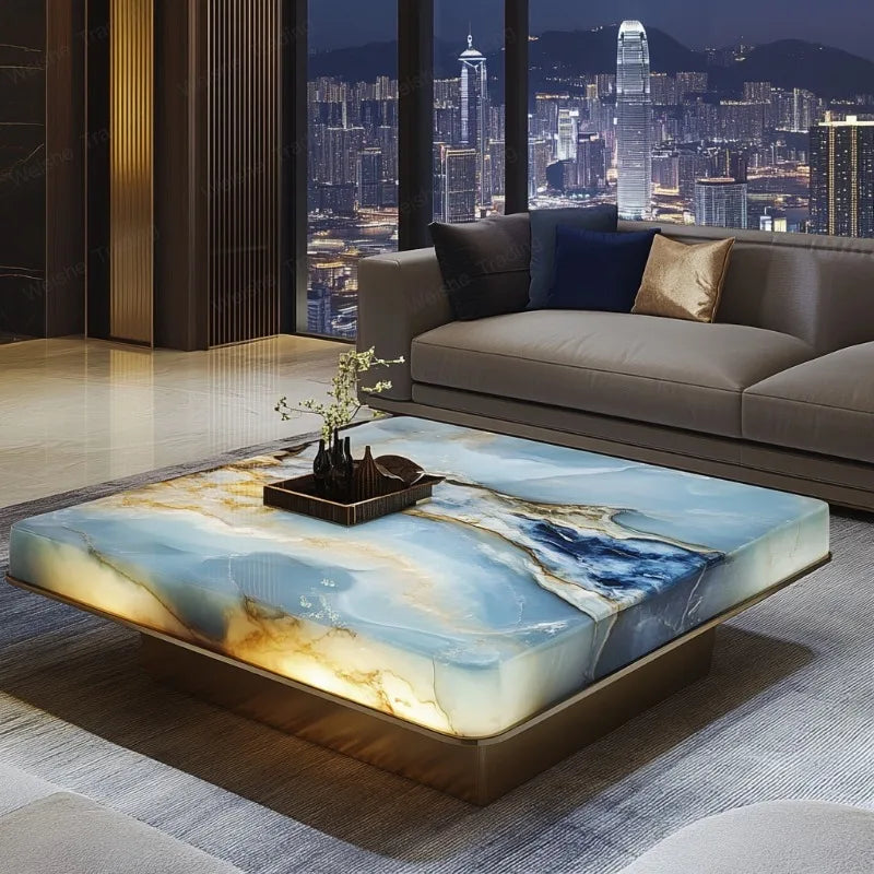 Luminous Jade & Marble Square Coffee Table | Minimalist Luxury - view 11