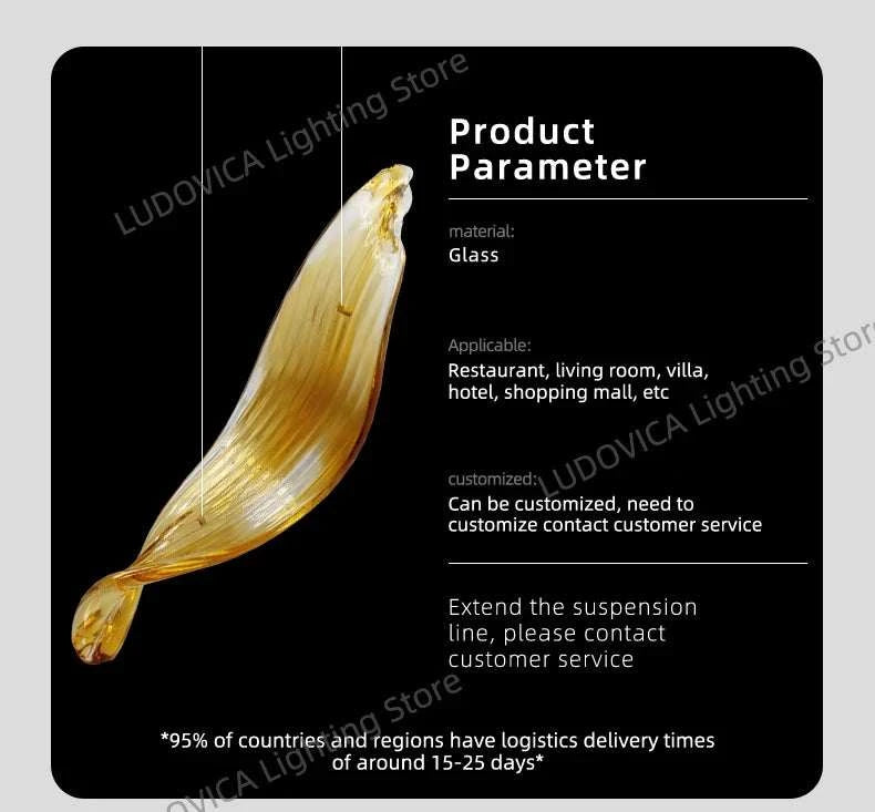 Product parameter card with a glass pendant on a black background