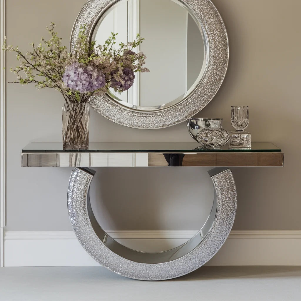 Crushed Diamond Mirror Console Table | Sculptural Arch Base | Glam Entryway Furniture - view 13