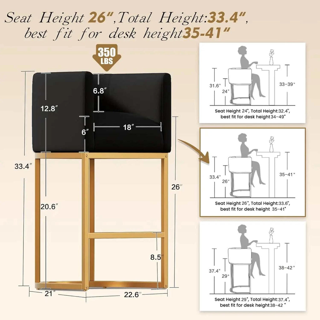 Measurement chart of a black stool with gold legs on a beige background