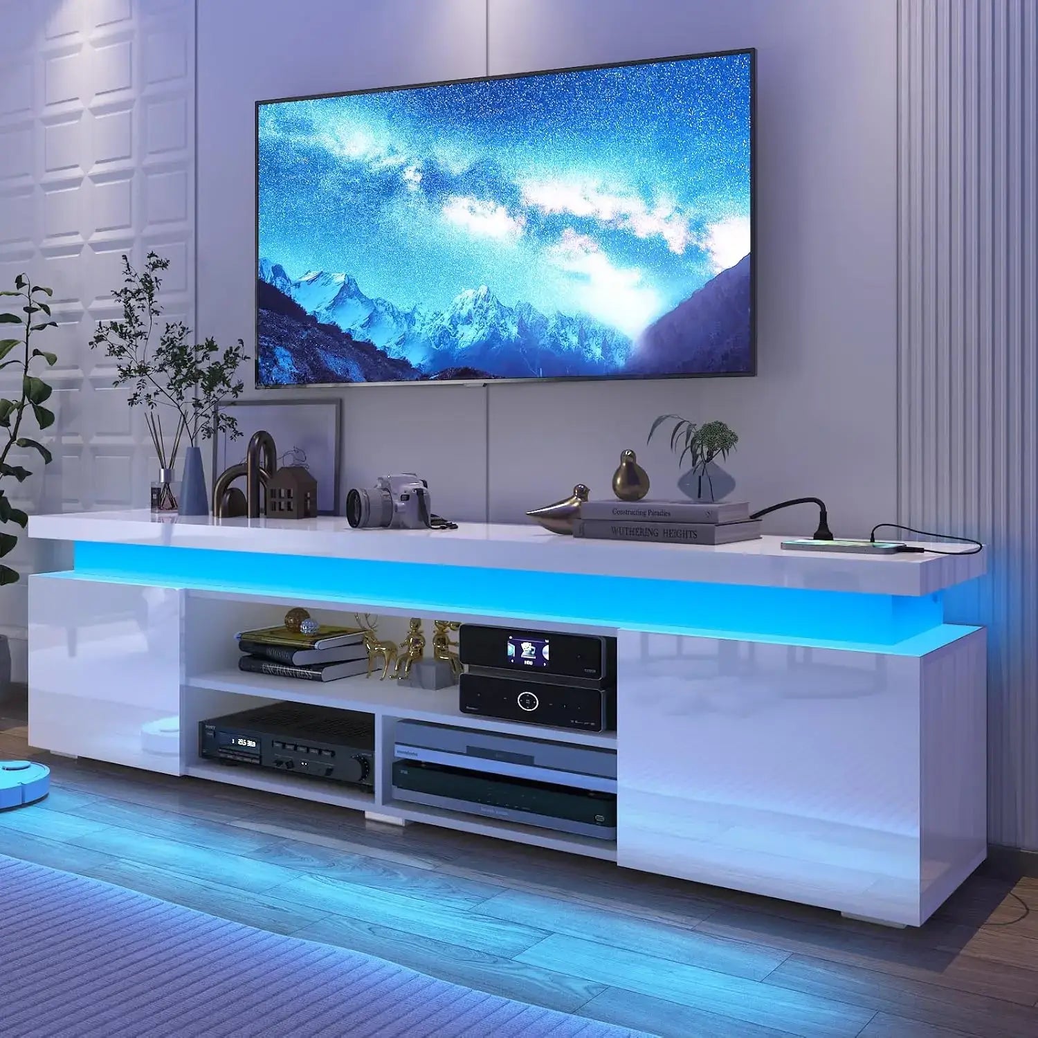 LED TV Stand for 85 Inch TV, Modern TV Stand with Power Outlet, High Gloss TV Console Entertainment Center with, Customized in living room