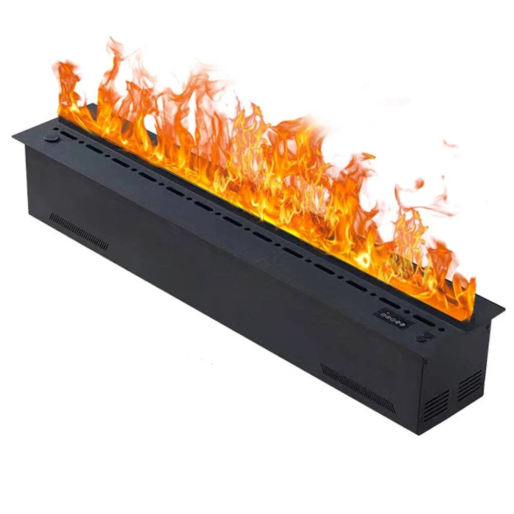 Black fireplace insert with flames on a white background
