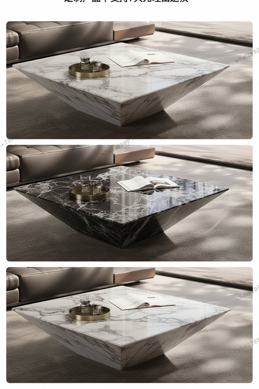 A promotional collage showing three marble coffee tables in a modern living room setting, with Chinese text at the top offering color options: fish belly white, Napoleon black, and a mixed marble finish. 