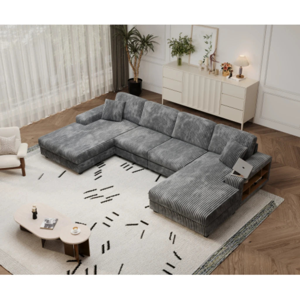 Modern convertible U-shaped combination sofa corduroy 4-seat large-sized living room double leisure chair set