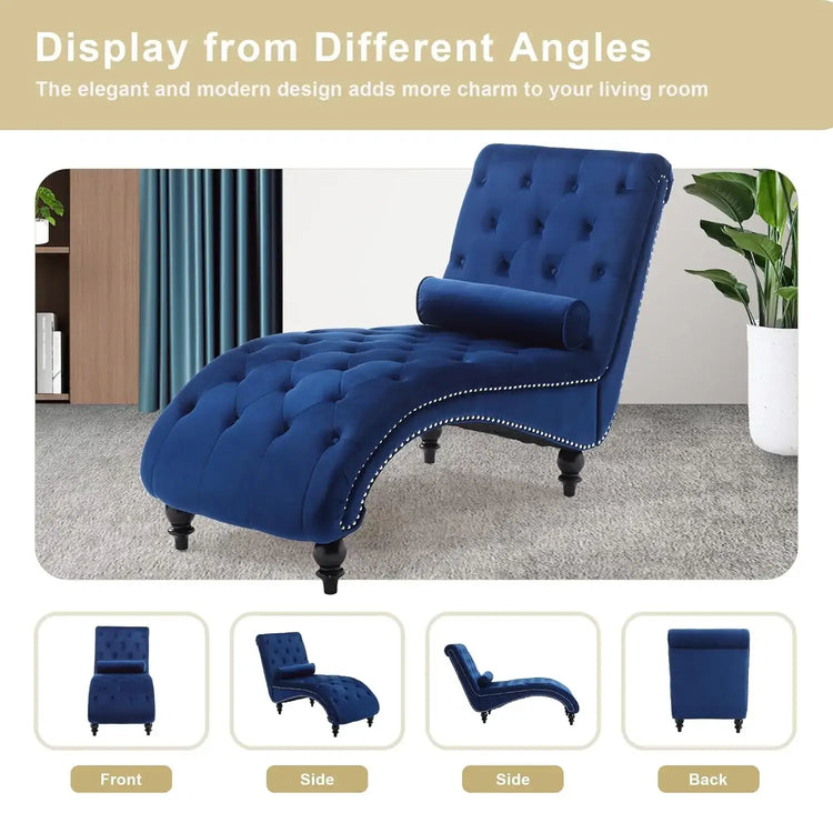 Velvet Chaise Lounge Indoor,Button-Tufted Upholstered Chaise Lounge Chair with Pillow for Bedroom Living Room, Customized from different angles.