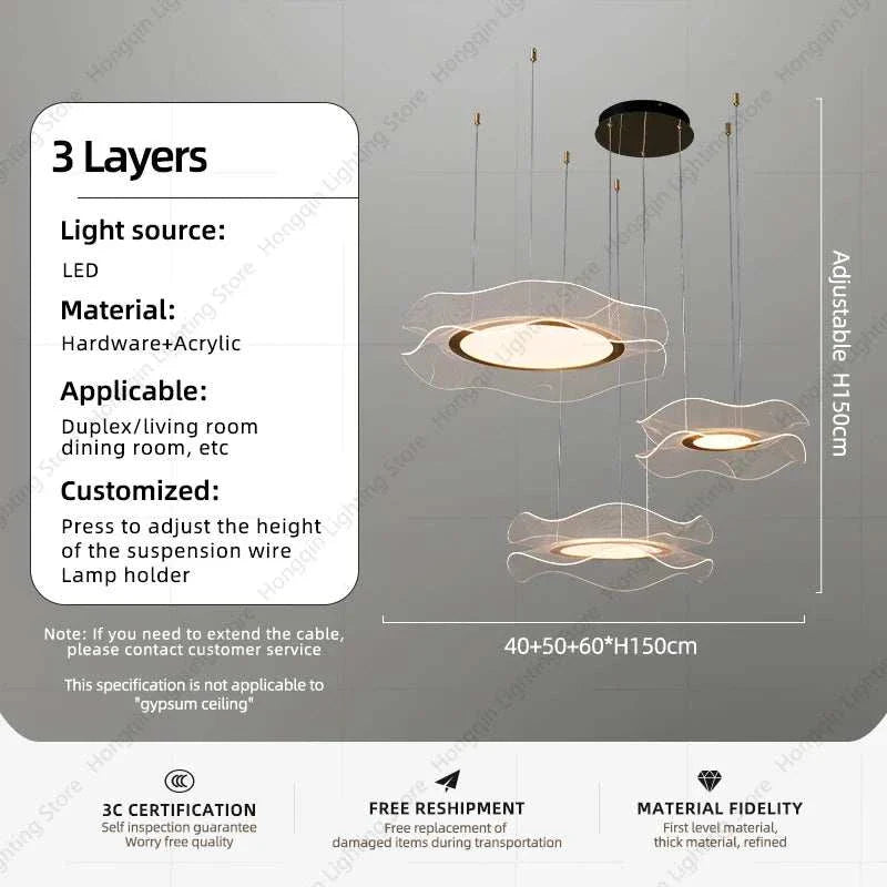 Round modern LED ceiling chandelier with three layered acrylic rings and adjustable height for living or dining room lighting